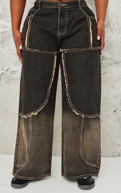 Plus Dark Grey Ombre Effect Contrast Stitch Frayed Seam Wide Leg Jeans