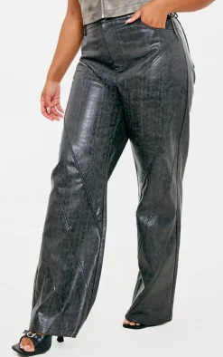 Plus Dark Grey Washed Faux Leather Panel Detail Straight Leg Pants