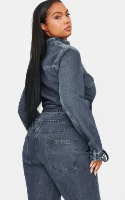 Plus Dark Indigo Buckle Detail Cropped Moto Jacket