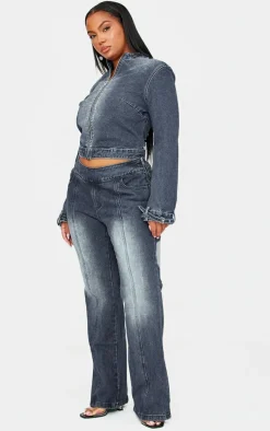 Plus Dark Indigo Buckle Detail Cropped Moto Jacket