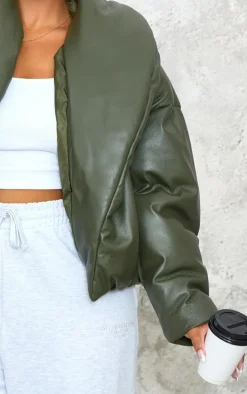 Plus Dark Khaki Exaggerated Collar PU Cropped Puffer Coat