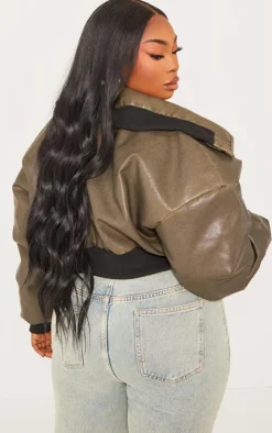 Plus Dark Khaki Faux Leather Washed Cropped Fold Over Puffer Jacket