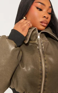 Plus Dark Khaki Faux Leather Washed Cropped Fold Over Puffer Jacket