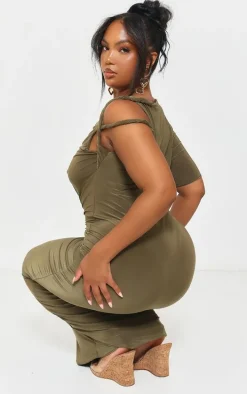 Plus Dark Olive Slinky Twist Shoulder Midaxi Dress