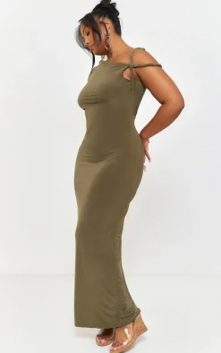 Plus Dark Olive Slinky Twist Shoulder Midaxi Dress
