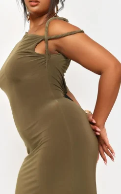 Plus Dark Olive Slinky Twist Shoulder Midaxi Dress