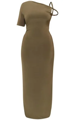 Plus Dark Olive Slinky Twist Shoulder Midaxi Dress