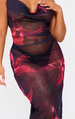 Plus Dark Purple Large Floral Print Crinkle Mesh Cowl Neck Midi Dress