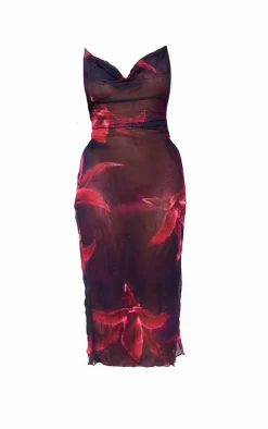 Plus Dark Purple Large Floral Print Crinkle Mesh Cowl Neck Midi Dress