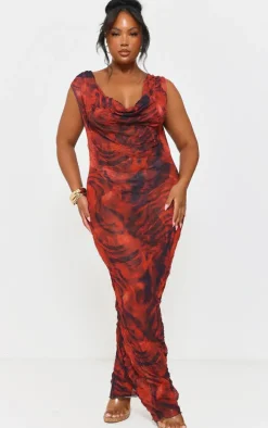 Plus Dark Red Abstract Print Crinkle Mesh Cowl Neck Maxi Dress