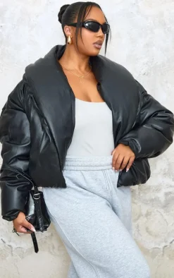 Plus Deep Black Exaggerated Collar PU Cropped Puffer Coat