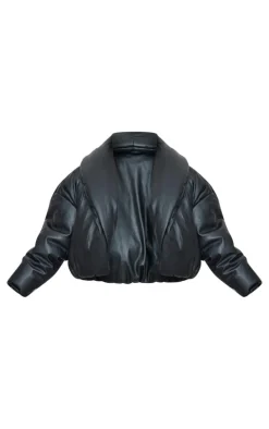 Plus Deep Black Exaggerated Collar PU Cropped Puffer Coat