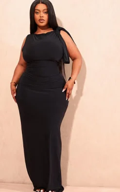 Plus Deep Black Slinky Knot Drape Midaxi Dress