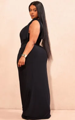 Plus Deep Black Slinky Knot Drape Midaxi Dress