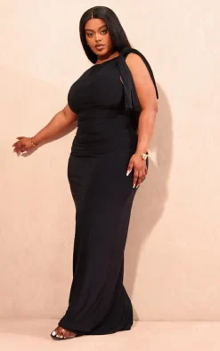 Plus Deep Black Slinky Knot Drape Midaxi Dress