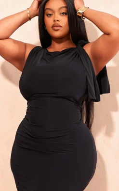 Plus Deep Black Slinky Knot Drape Midaxi Dress