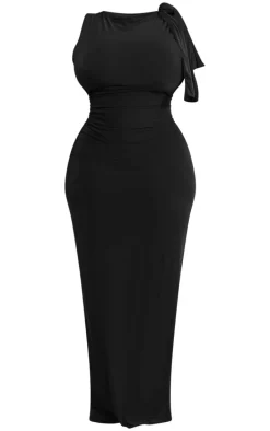 Plus Deep Black Slinky Knot Drape Midaxi Dress