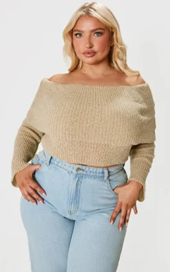 Plus Deep Nude Bardot Boucle Knit Crop Top