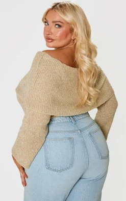 Plus Deep Nude Bardot Boucle Knit Crop Top