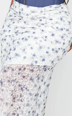 Plus Dusty Blue Floral Printed Lace Frill Hem Maxi Skirt