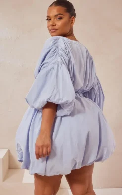 Plus Dusty Blue Puff Sleeve Puffball Hem Shift Dress
