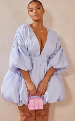 Plus Dusty Blue Puff Sleeve Puffball Hem Shift Dress