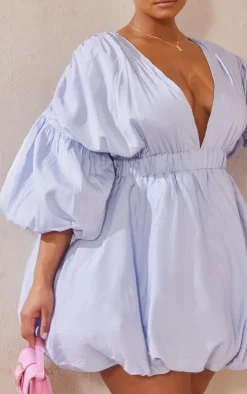 Plus Dusty Blue Puff Sleeve Puffball Hem Shift Dress