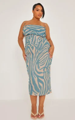 Plus Dusty Blue Tiger Printed Chiffon Drape Detail Midi Dress