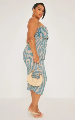 Plus Dusty Blue Tiger Printed Chiffon Drape Detail Midi Dress