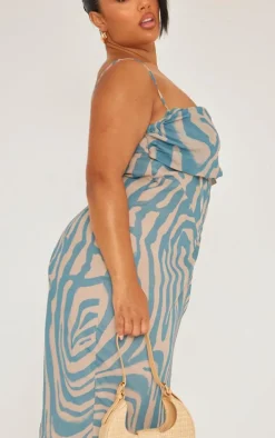 Plus Dusty Blue Tiger Printed Chiffon Drape Detail Midi Dress