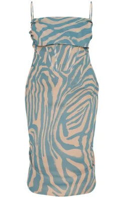Plus Dusty Blue Tiger Printed Chiffon Drape Detail Midi Dress