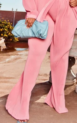 Plus Dusty Pink Plisse High Waisted Wide Leg Pants