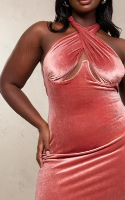 Plus Dusty Pink Velvet Underwired Cross Front Midi Dress