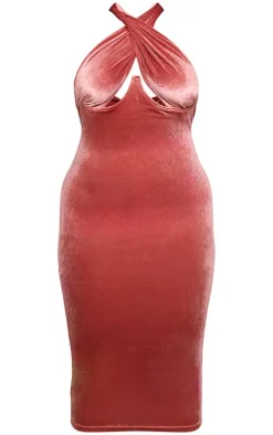 Plus Dusty Pink Velvet Underwired Cross Front Midi Dress