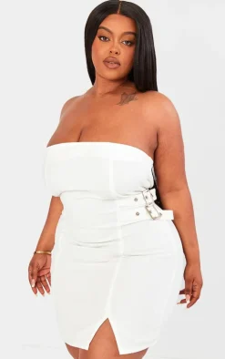 Plus Ecru Double Buckle Detail Denim Bodycon Dress