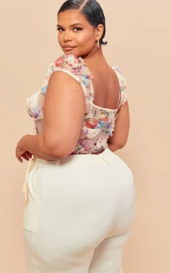 Plus Ecru Mesh Tie Detail Boned Corset Top