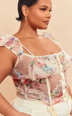 Plus Ecru Mesh Tie Detail Boned Corset Top