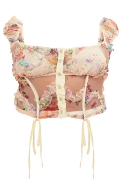 Plus Ecru Mesh Tie Detail Boned Corset Top