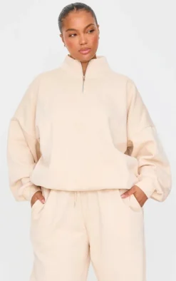 Plus Ecru Premium High Neck Quarter Zip Oversized Sweatshirt