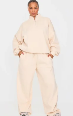 Plus Ecru Premium High Neck Quarter Zip Oversized Sweatshirt