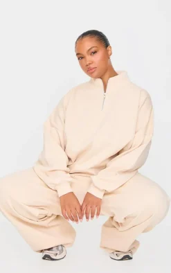 Plus Ecru Premium High Neck Quarter Zip Oversized Sweatshirt
