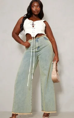 Plus Ecru Ruched Bust Detail Denim Lace Up Corset