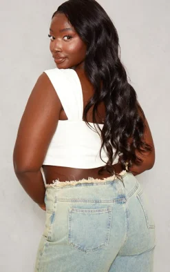 Plus Ecru Ruched Bust Detail Denim Lace Up Corset