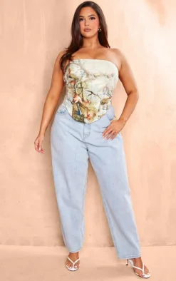 Plus Ecru Scenery Printed Denim Lace Up Back Corset