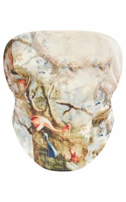 Plus Ecru Scenery Printed Denim Lace Up Back Corset