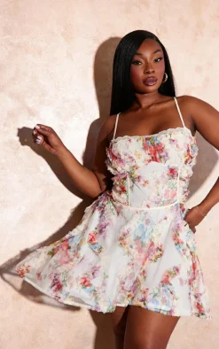 Plus Ecru Textured Printed Chiffon Mini Dress