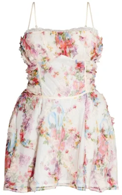 Plus Ecru Textured Printed Chiffon Mini Dress