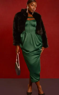 Plus Emerald Green Constructed Satin Bonded Midi Dress