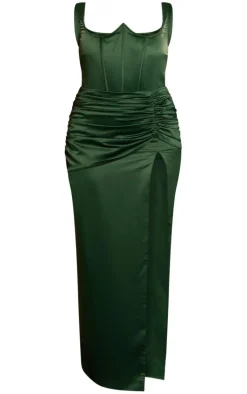 Plus Emerald Green Constructed Satin Boned Maxi Dress