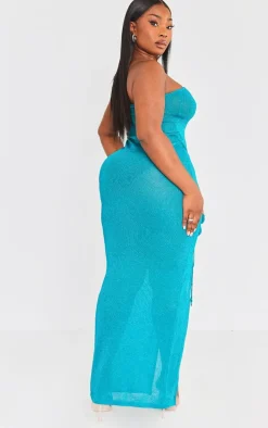 Plus Emerald Green Glitter Sheer Knit Flower Embellished Dress